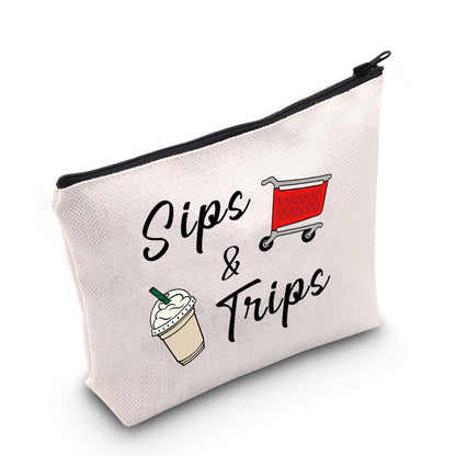 MNIGIU Shopping And Coffee Lover Gift Sips & Trips Cosmetic Bag Girl Trip Gift Thrift Shopper Gift Group Vacation Gift