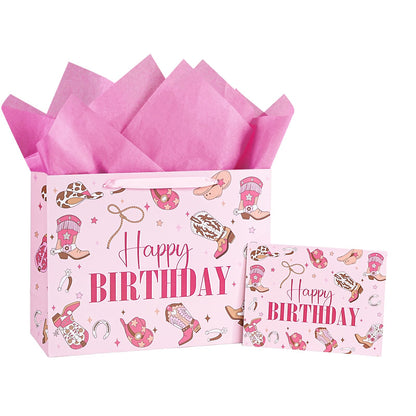 LeZakaa 13" Western Birthday Gift Bag for Kids Girls, Happy Birthday Cowgirl Hats Boots Lassos Horseshoes Stars Design, Tissue Paper, Greeting Card, 13" x 10" x 5", 1 Pcs