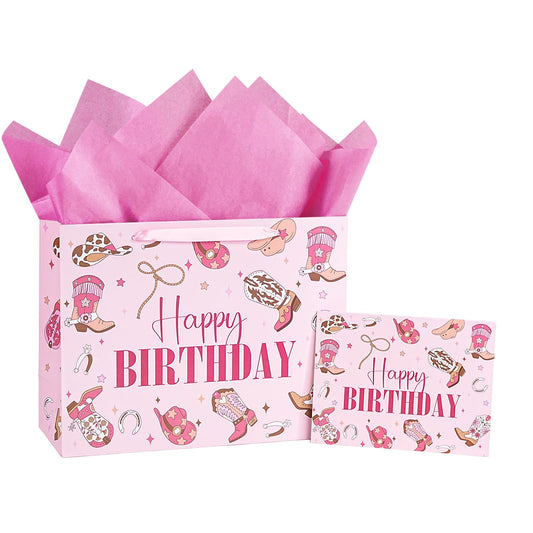 LeZakaa 13" Western Birthday Gift Bag for Kids Girls, Happy Birthday Cowgirl Hats Boots Lassos Horseshoes Stars Design, Tissue Paper, Greeting Card, 13" x 10" x 5", 1 Pcs