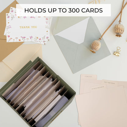 ZICOTO Beautiful Greeting Card Organizer Box With Dividers - Sturdy Linen Storage Box Easily Organizes All Your Greeting Cards in Style - Cute Card Holder Safely Stores Up to 300 Small Or Large Cards