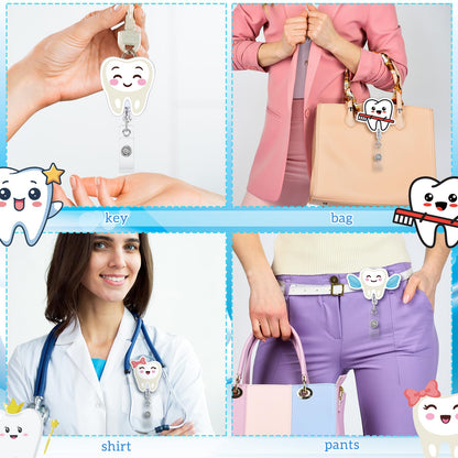 Geyoga 12 Pcs Dental Badge Reel Dental Hygiene Appreciation Gifts Tooth Shaped Badge Holder Retractable with ID Clip for Nurse Week Coworker Office Hygiene Hygienist School Student Friend Graduation