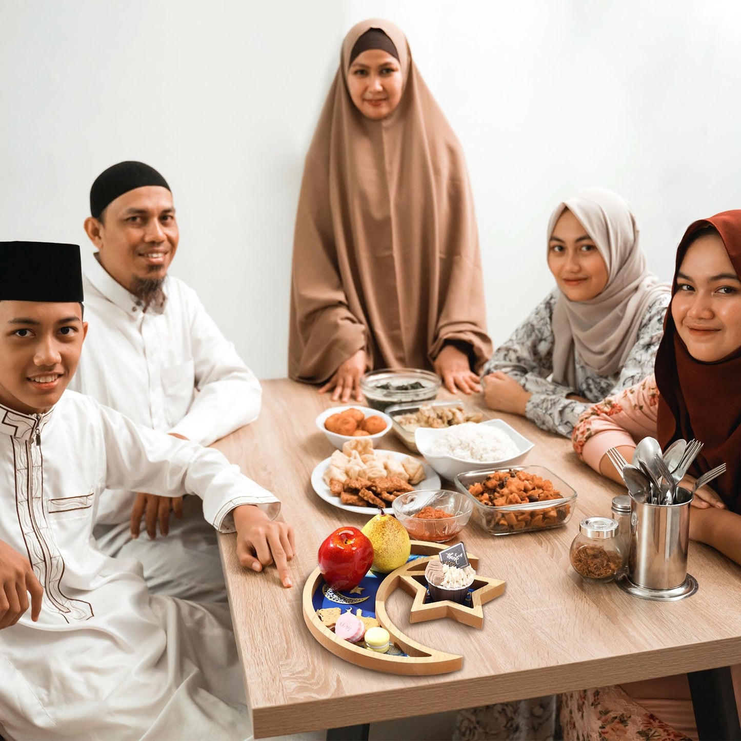 Capoda Ramadan Serving Tray Decoration - Wooden Moon and Star Tray Eid Mubarak Kareem Pastry Plate Gold Blue Food Dessert Snack Fruit Plate for Islamic Gifts Muslim Home Eid Party Supplies