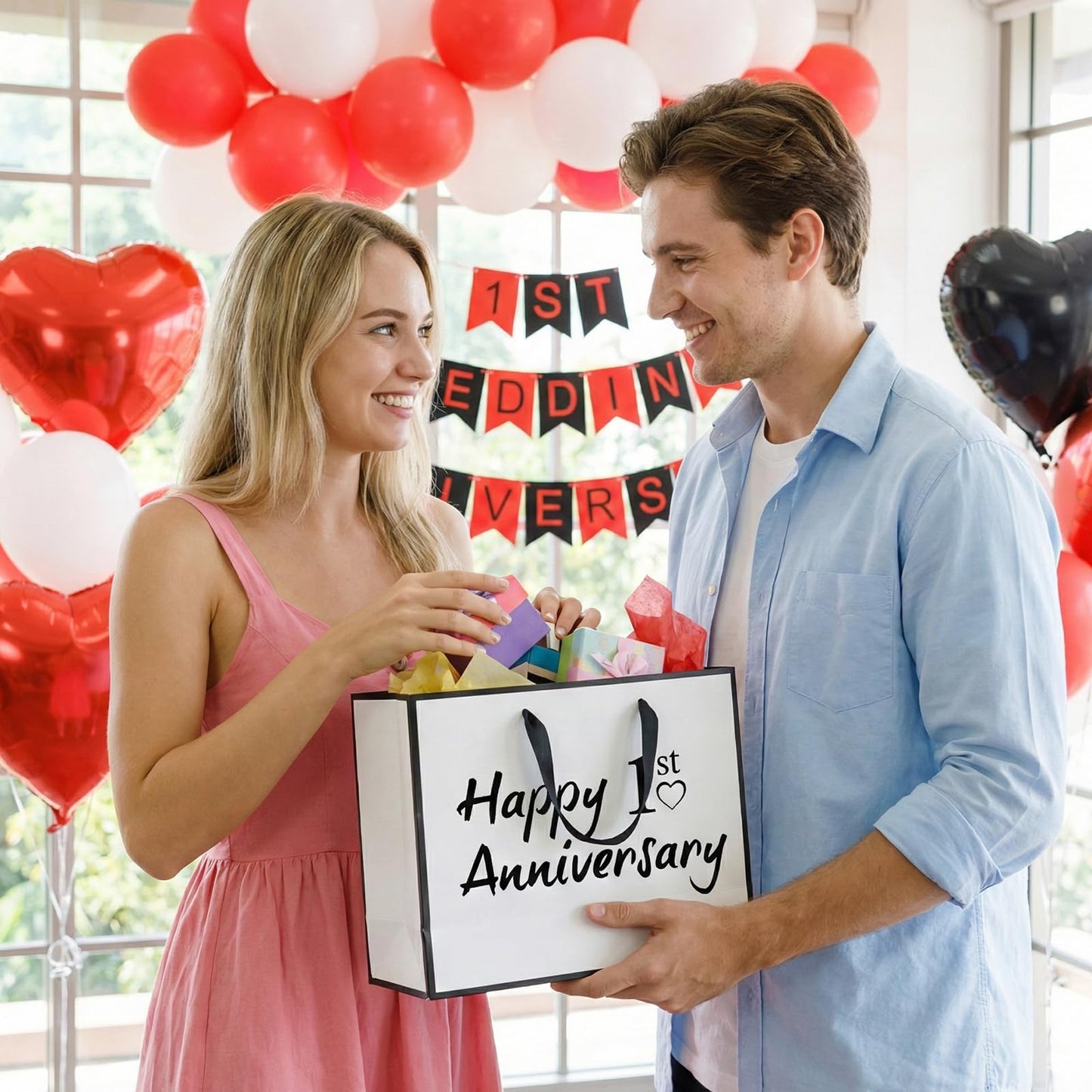 TagreSpike 1st Anniversary Paper Gift Bag with Tissue Paper and Card - Large Happy 1st Anniversary Wrapping Bag - Black and White Paper Anniversary Party Supplies for Husband Wife Couple