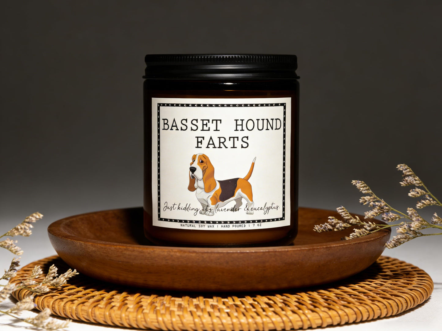 Smells Like Basset Hound Farts Candle - Basset Hound Gifts & Decor, Dog Mom Gifts for Women - Lavender & Eucalyptus Soy Wax Scented Candle, 50Hr Burn