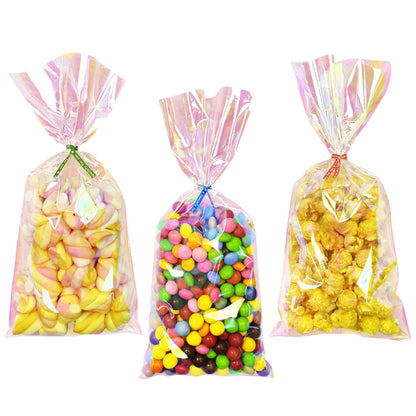 Yotelab Iridescent Holographic Cellophane Treat Bags, 5x11 Inches, Party Favors with Twist Ties, 100 Pieces