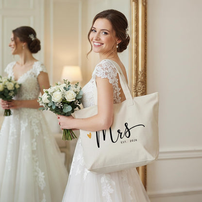 CARAKNOTS Mrs Tote Bag for Bride 2026 – Large Natural Canvas Wedding Tote with Zipper & Pocket, Future Mrs & Bride to Be Gifts for Bridal Shower, Engagement, Bachelorette Party, Honeymoon Beach Bag