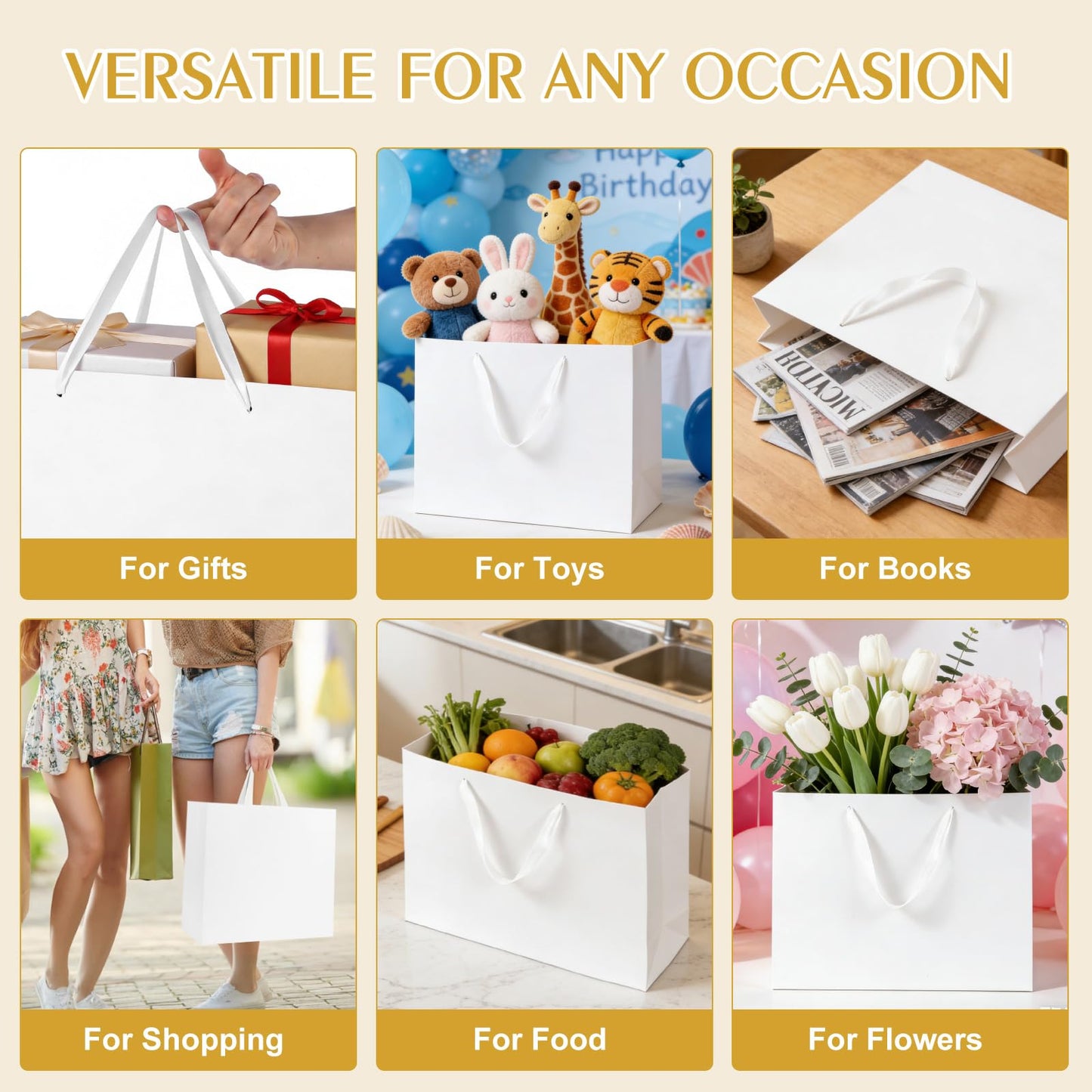 Ethhqu 3 Pack Extra Large White Gift Bags with Handles, 16x6x12 Inches - Includes 6 Tissue Papers for Birthday, Wedding, Shopping Business, Thanksgiving, Christmas&Holiday (White Extra Large-3 Pcs)