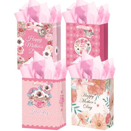 qiqee Mother's Day Gift Bags 4Pcs with Tissue Paper -7.9"x4.3"x9.6" Medium Size Cardboard Gift Bags（4pcs Bags +8pcs Tissue Paper ）