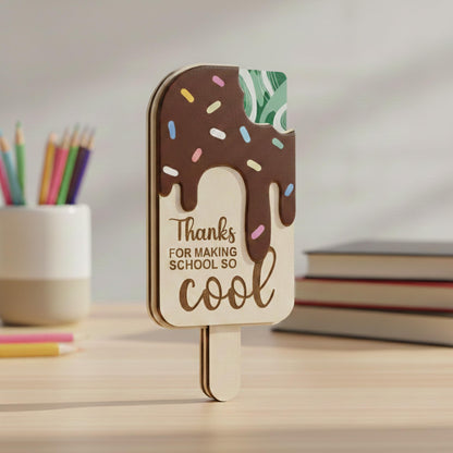 School is Cool Set 2 Pieces 3D Wooden Ice Cream Teacher Gift Card Holder, Teacher Appreciation Gift, Thank You Keepsake for Educators, End of Year & Back to School Surprise (Chocolate)
