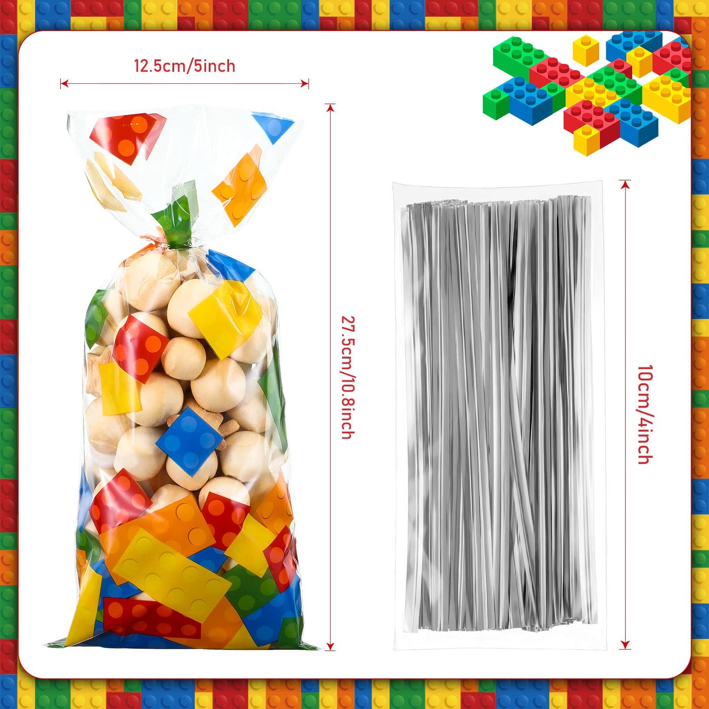 100 Pcs Building Block Cellophane Treat Bags, Birthday Party Supplies Candy Goodie Bags with 100 Silver Twist Ties for Summer Themed Party Favors(Clear Background)