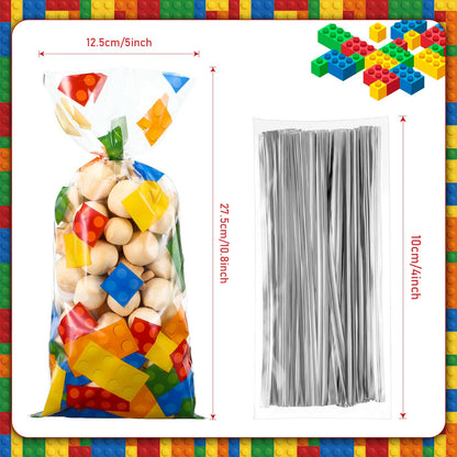 100 Pcs Building Block Cellophane Treat Bags, Birthday Party Supplies Candy Goodie Bags with 100 Silver Twist Ties for Summer Themed Party Favors(Clear Background)