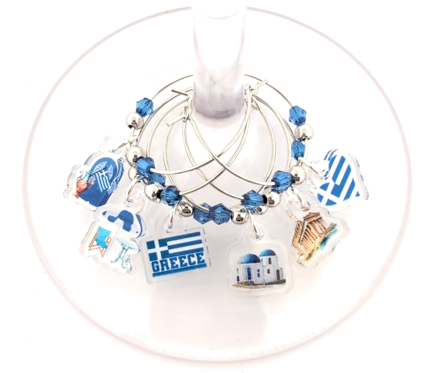 Pixie Greece Wine Glass Charms, Greek Gift 6 Piece Set – Santorini & Parthenon Glass Tag Identifiers, Greek Flag, Greece Theme Party Favors - Acrylic
