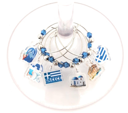 Pixie Greece Wine Glass Charms, Greek Gift 6 Piece Set – Santorini & Parthenon Glass Tag Identifiers, Greek Flag, Greece Theme Party Favors - Acrylic
