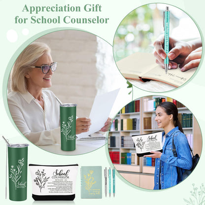 Funnymoom 6 Pcs School Counselor Appreciation Gift Set for Women Thank You Gifts 20 oz Boho Flower Tumbler Makeup Bag Journal Ballpoint High School Teacher Educator Work(Green, Counselor)