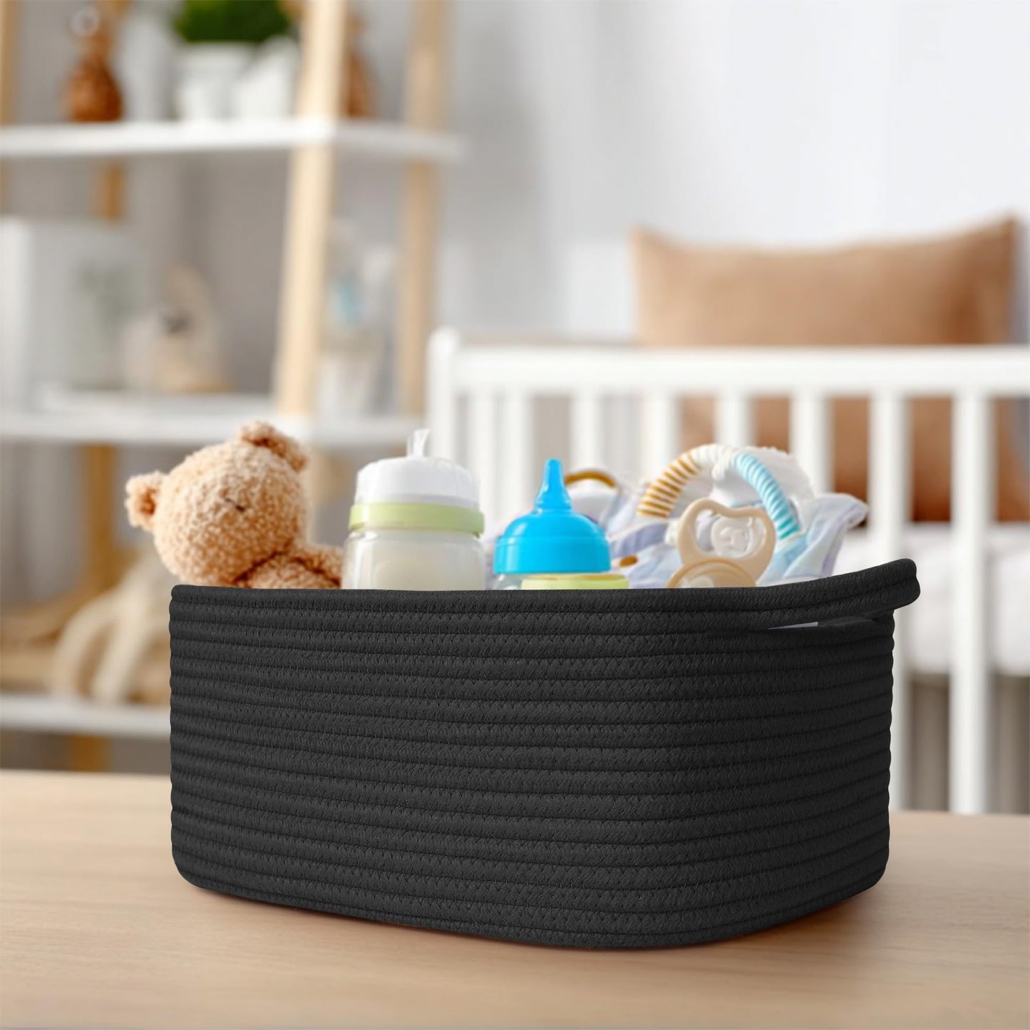 Black Basket for Gifts, Woven Gift Baskets Empty, Cotton Rope Storage Bin for Organizing, Cute Cat Dog Kids Toy Box, Decorative Baby Nursery Closet Organizer, Wicker Easter Basket with Handle