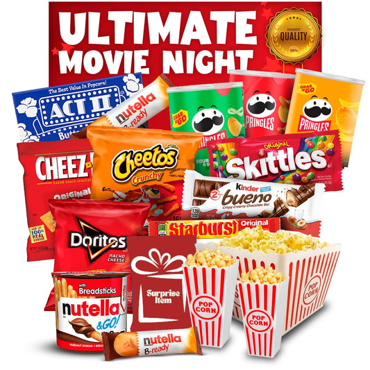 Ultimate Movie Night Snack Bundle - 17 Items - Movie Night Basket Gift Set – with, Movie Vintage Popcorn Tub, Movie Candy Variety Pack, Movie Snacks & Popcorn – Gift Baskets For Families by GualBrands