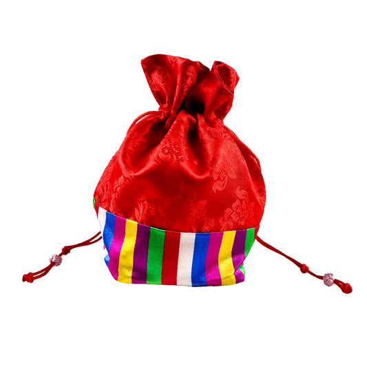 Seoulful Vintage Korean Bokjumeoni Lucky Pouches - Traditional Korean Color Block Hanbok Gifts Bag - Saekdong Stripes New Year's Gifts (Red)