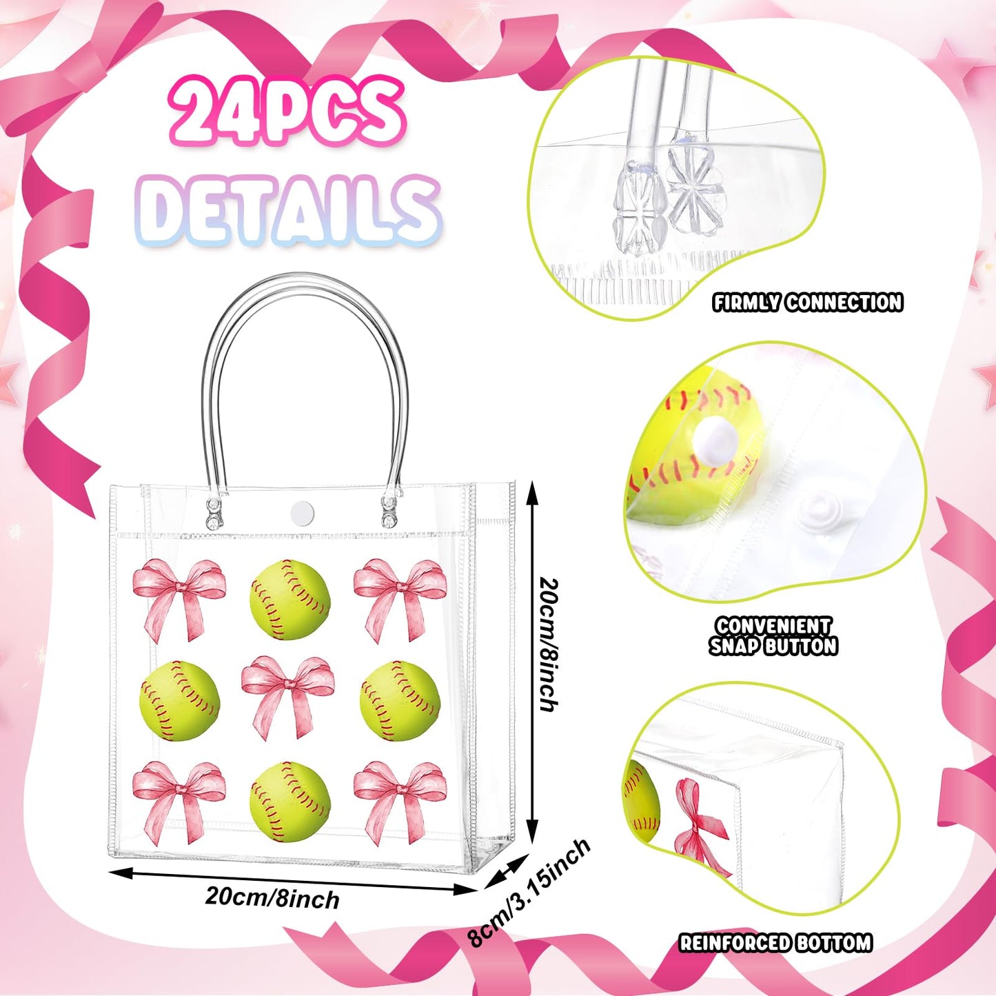 Teenyyou 24 Pcs Softball Clear Gift Bag with Handles Plastic Soft Ball Goodie Sport Theme Party Favor Team Treat Bag with Pink Bow for Birthday Team Snack, 8 x 8 x 3.15 Inches