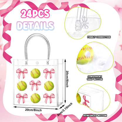 Teenyyou 24 Pcs Softball Clear Gift Bag with Handles Plastic Soft Ball Goodie Sport Theme Party Favor Team Treat Bag with Pink Bow for Birthday Team Snack, 8 x 8 x 3.15 Inches
