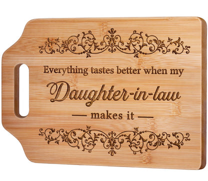 AceThrills Daughter in Law Gifts for Daughter in Law Birthday, Christmas, Mothers Day - Engraved Bamboo Cutting Board (Everything Tastes Better)
