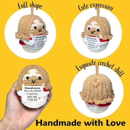 Easter Basket Stuffers for Men Driver: Crochet Little Jesus Christian Gifts Handmade Car Decors with 'Keep Safe' Cards Rearview Mirror Hanging Accessories, Catholic Religious Husband Him Gift Ideas