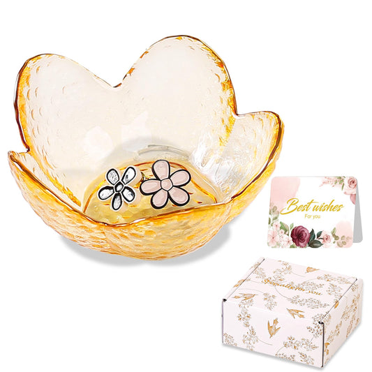 Yellow Flower Ring Dish Jewelry Dish Glass Jewelry Tray Small Trinket Tray Ring Holder Dish Cute Room Decor Aesthetic Bathroom Decor House Warming Engagement Birthday Gifts for Women Stocking Stuffers