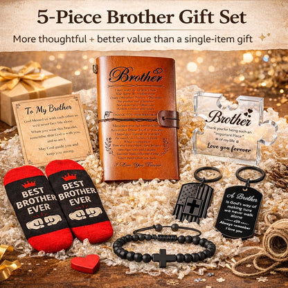 Brother Birthday Gift Set from Sister for Brother Adult Men Funny + Inspirational 5-Piece Gift Bracelet, Socks, Leather Journal, Plaque & Keychain Birthday/Christmas/Just Because