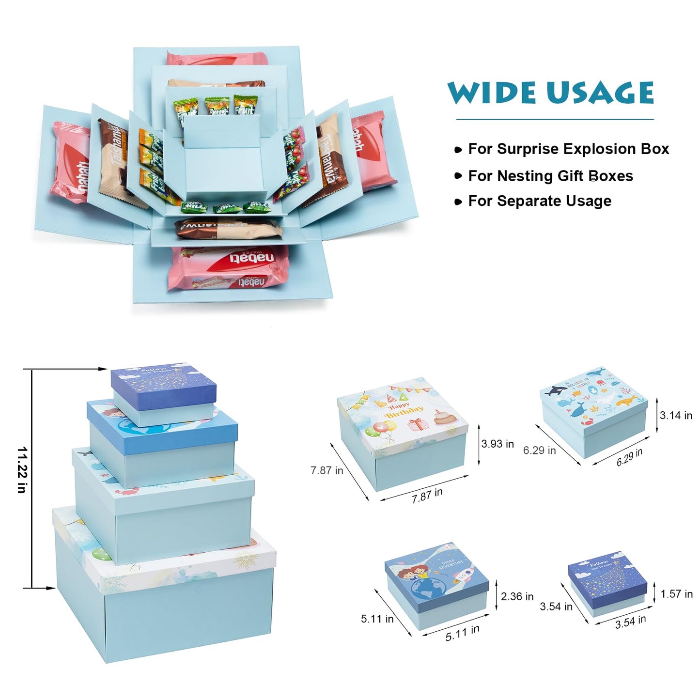 CHARMGIFTBOX 8 Pack Gift Boxes with Lids, 4 Surprise Gift Box Explosion and 4 Paper Square White Nesting Gift Boxes, Exploding Box Set for Boyfriend Husband Son Birthday Party Favor Boxes, Blue&Pink