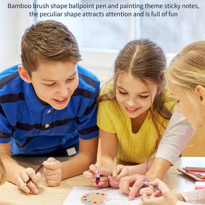 12 Sets Bamboo Paintbrush Art Sticky Notes Pen Brush Shape Ballpoint Pen Novelty Retractable Pens Painting Theme Note Pads for School Stationery Art Parties Teacher Appreciation Christmas Gift
