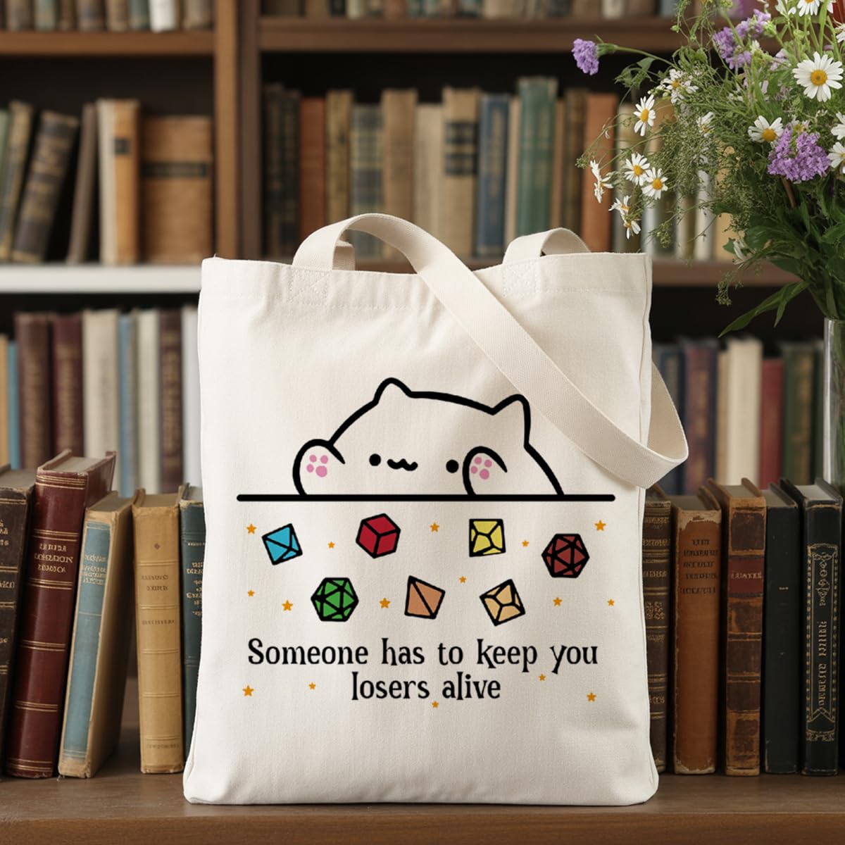 DnD Collection Tote Bag for Women, Cat Throwing Dice, Dungeon Master, Dragons Gamer Gift, Dungeons And Dragons Gifts for Women, Reusable Canvas Cute Shoulder Bag for Shopping, Grocery, Work, Book