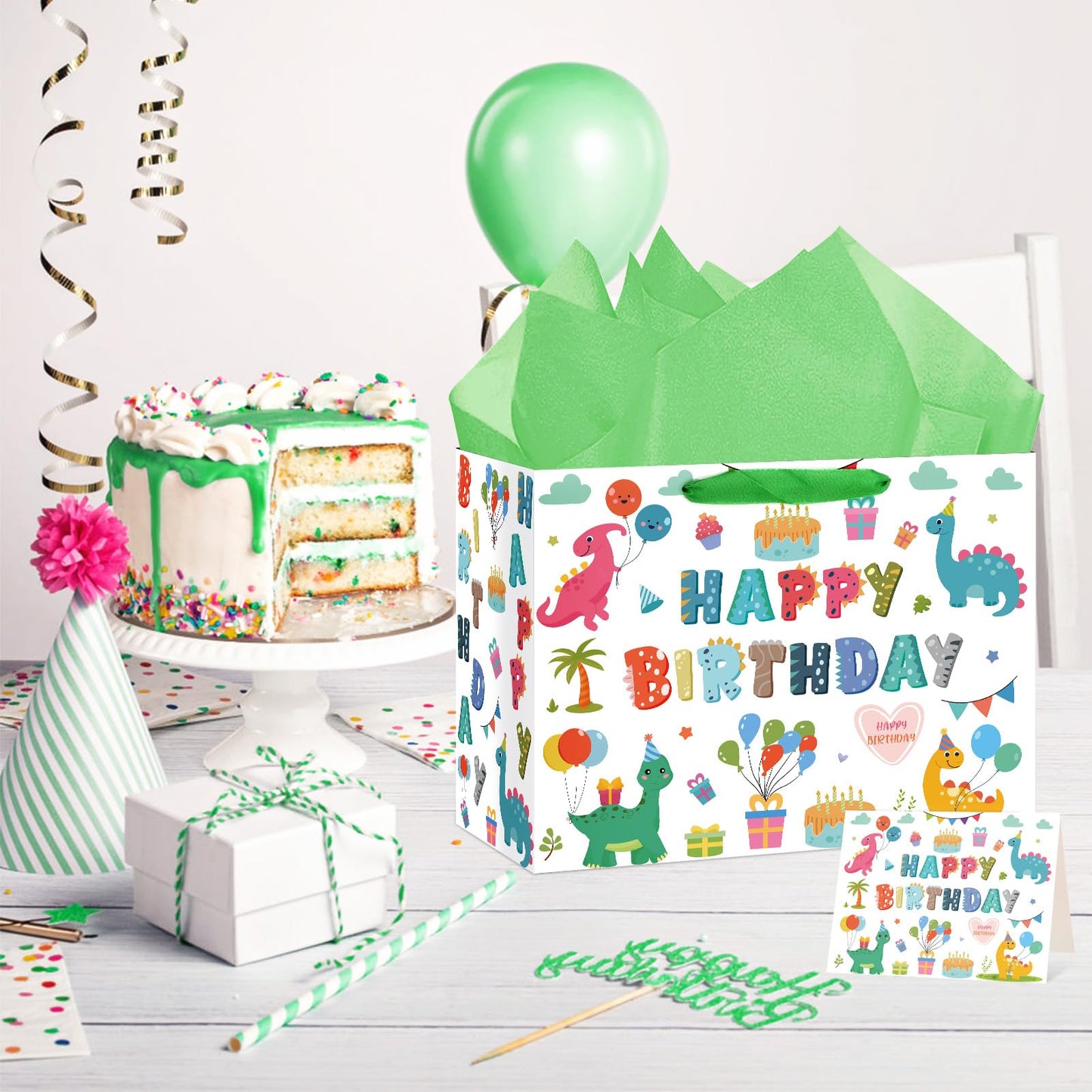 Hooqict Large Dinosaur Gift Bag Happy Birthday Gift Bag with Handles, Wrapping Tissue Paper and Greeting Cards for Kids Boys 1st 2nd 3rd Dinosaur Birthday Party Supplies Baby Showers