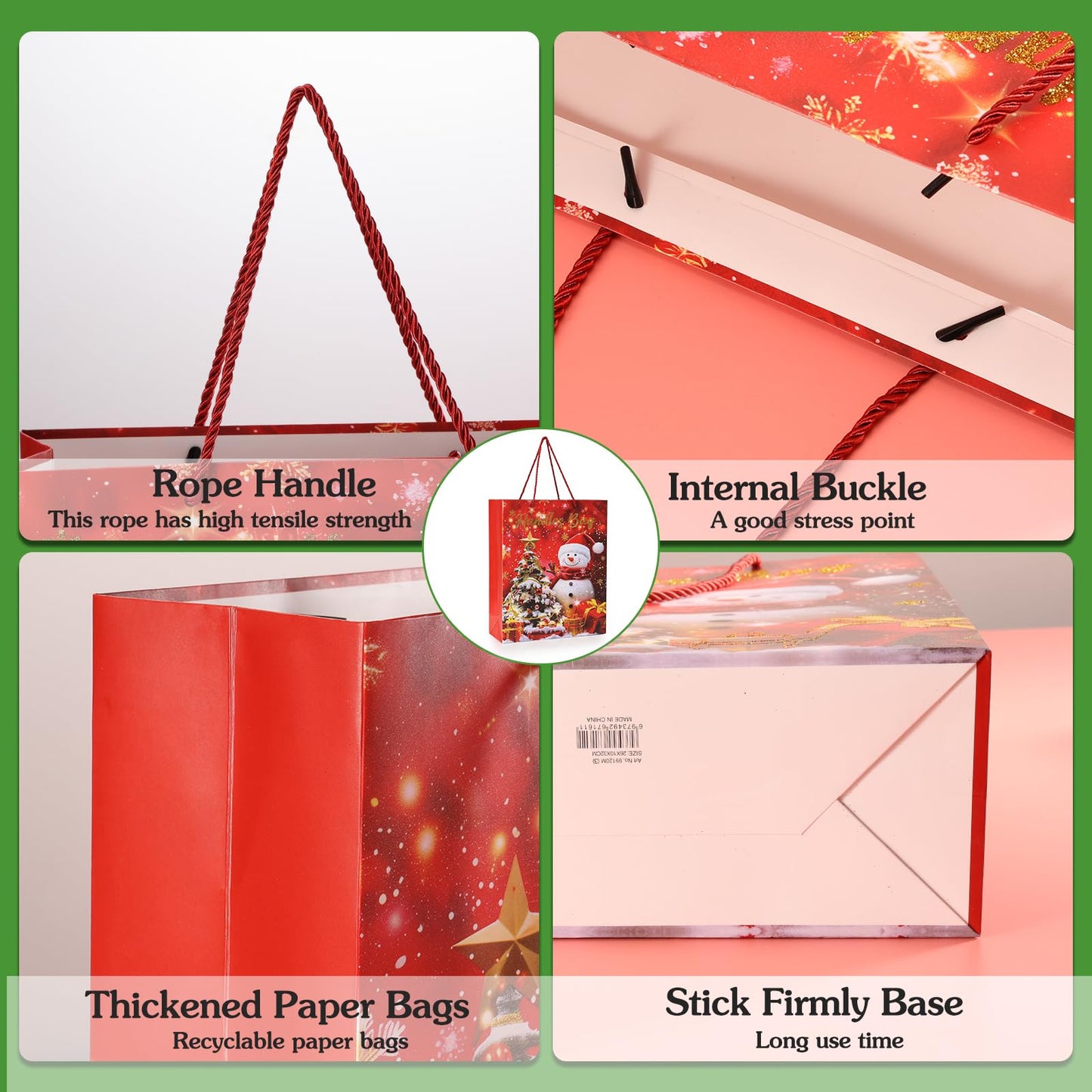 Rusikia 12 Christmas Gift Bags with 12 Tissues and 1 Satin Ribbon, Red Party Favor Bags Bulk with Handles, Glittery Cute Tree Snow-man Paper Bag for Xmas Holiday Party (Medium 10"x4"x12.6")