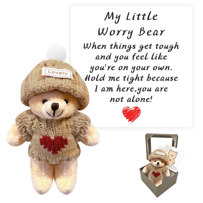 Mini Handcrafted Worry Bear Gift Set with Inspirational Card,Featuring Little Bears in a Box Wearing Hat and Sweater,Mini Bears Serves as Emotional Support Gift for Family,Friends