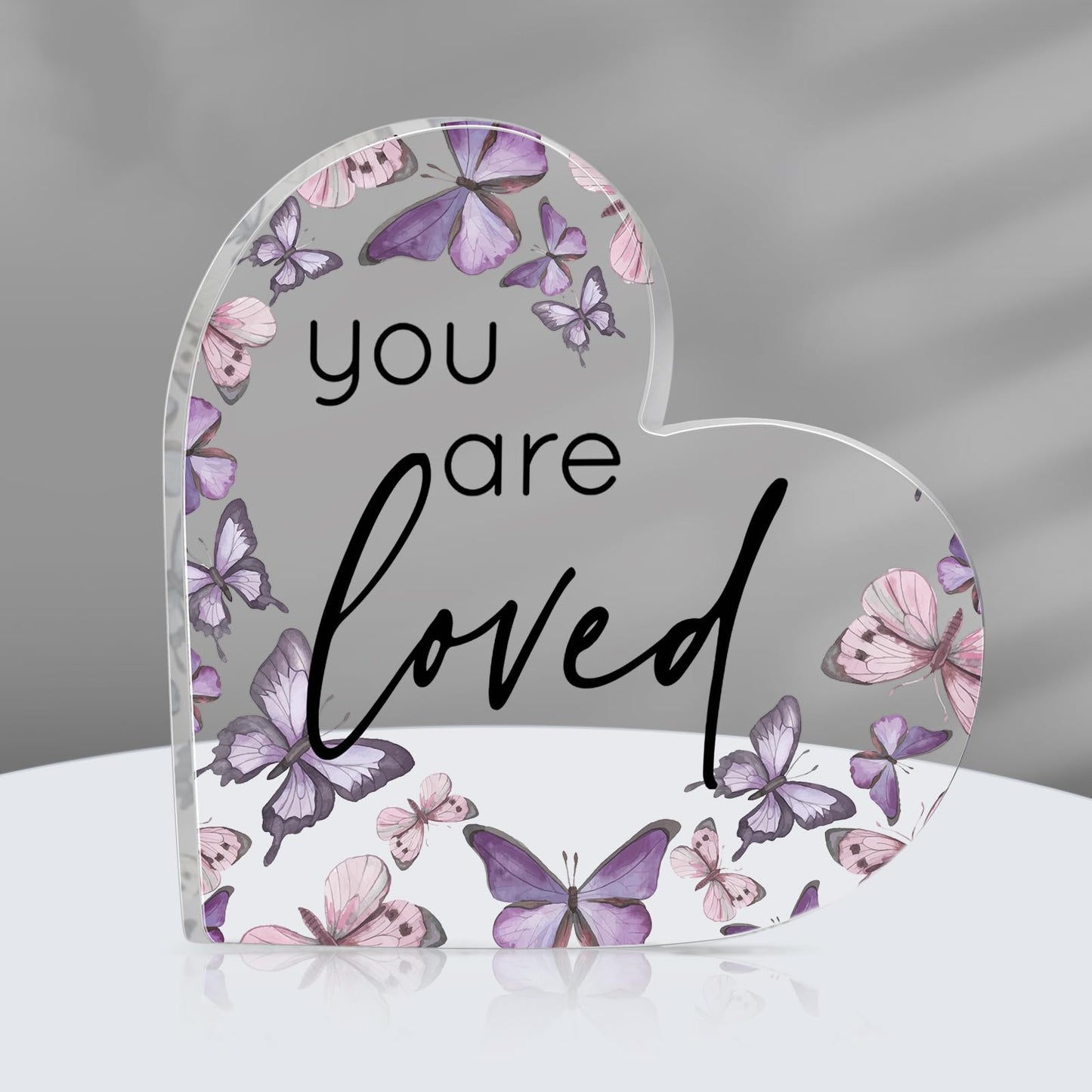 Yulejo Inspirational Butterfly Gift You Are Loved Decor Acrylic Heart Shaped Keepsake with Rustic Purple Butterflies for Coworker Teacher Lady Employee Appreciation Office Summer Gift