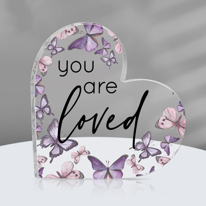 Yulejo Inspirational Butterfly Gift You Are Loved Decor Acrylic Heart Shaped Keepsake with Rustic Purple Butterflies for Coworker Teacher Lady Employee Appreciation Office Summer Gift