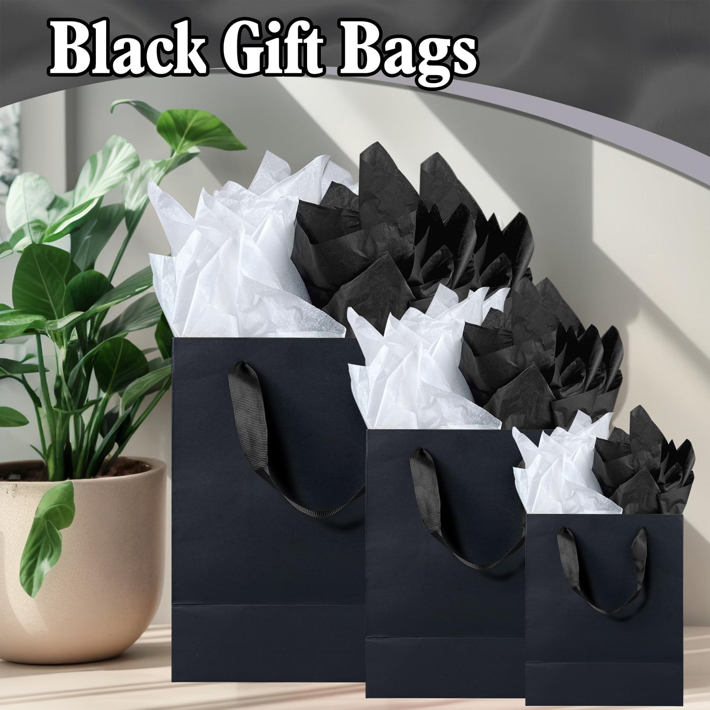 Assorted Sizes Black Gift Bags with Ribbon Handles Kraft Paper Shopping Bags with Tissue Paper for Party Business Wedding Birthday Graduation Fathers Day (Black 6, 9 , 12.6 Inches, 6 Inches, 9 Inches, 12.6 Inches)