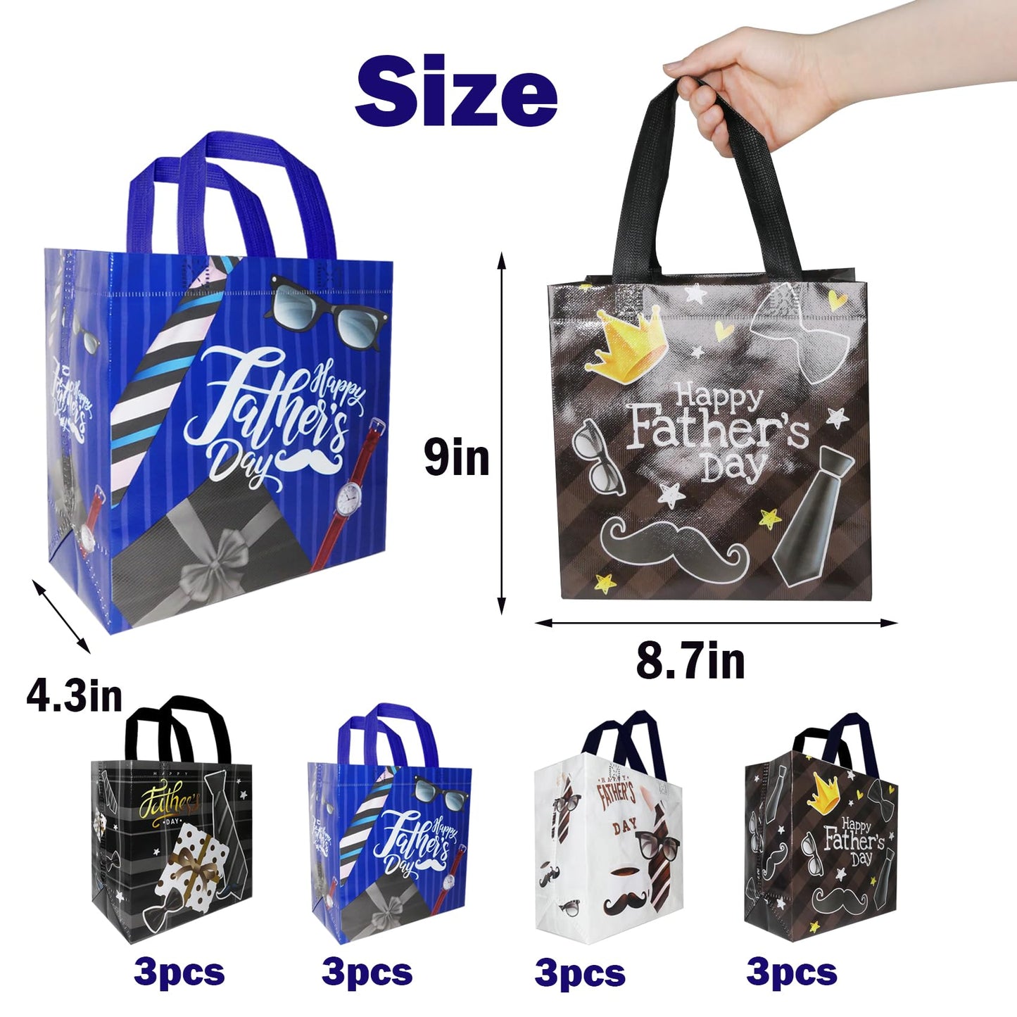HADDIY Father's Day Tote Gift Bags with Handles,12 Pcs Bulk Non-Woven Love Dad Candy Bags for Gift Wrapping and Happy Father Day Party Favor-9x8.7x4.3 inches