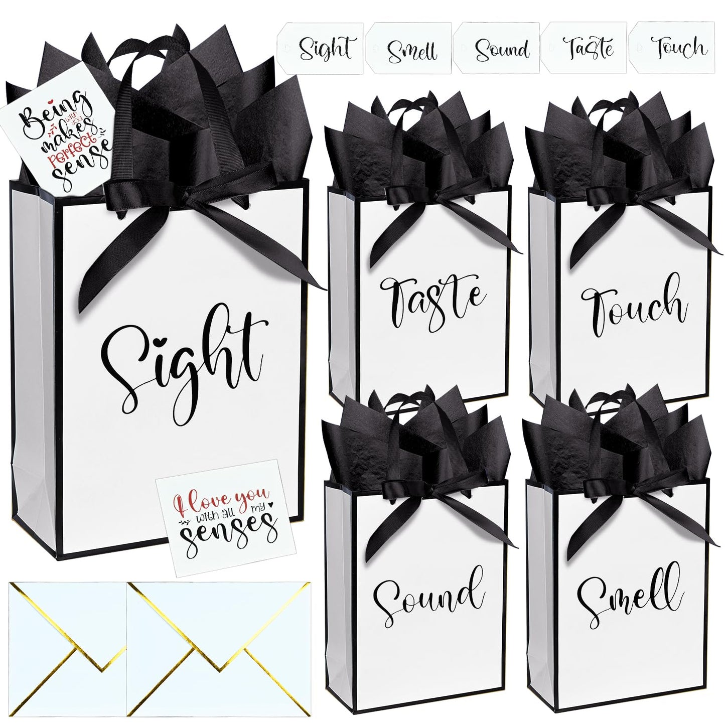 Nimbbex 5 Senses Gift Bags For Him with Labels, Five Senses Gift Bags with Cards, Envelopes and Ribbons for Valentine'S Day, Birthday, Anniversary, Mother'S Day,Father'S Day 9X7X3.2 Inches (White)