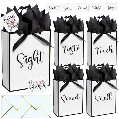 Nimbbex 5 Senses Gift Bags For Him with Labels, Five Senses Gift Bags with Cards, Envelopes and Ribbons for Valentine'S Day, Birthday, Anniversary, Mother'S Day,Father'S Day 9X7X3.2 Inches (White)