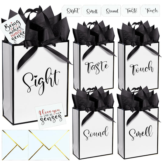 Nimbbex 5 Senses Gift Bags For Him with Labels, Five Senses Gift Bags with Cards, Envelopes and Ribbons for Valentine'S Day, Birthday, Anniversary, Mother'S Day,Father'S Day 9X7X3.2 Inches (White)