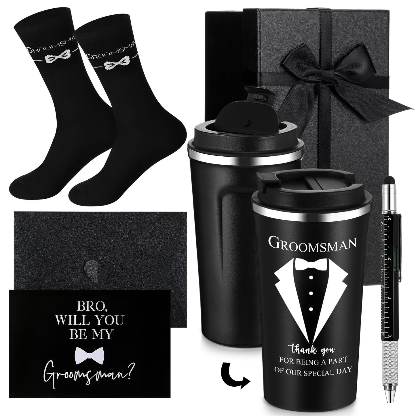 Nuanchu 6 Pcs Groomsmen Officiant Gifts Wedding Proposal Gift for Best Man Groomsman 17 Oz Coffee Cup Tumbler Socks Multi Tool Ballpoint Pen with Greeting Card Envelope(Black)
