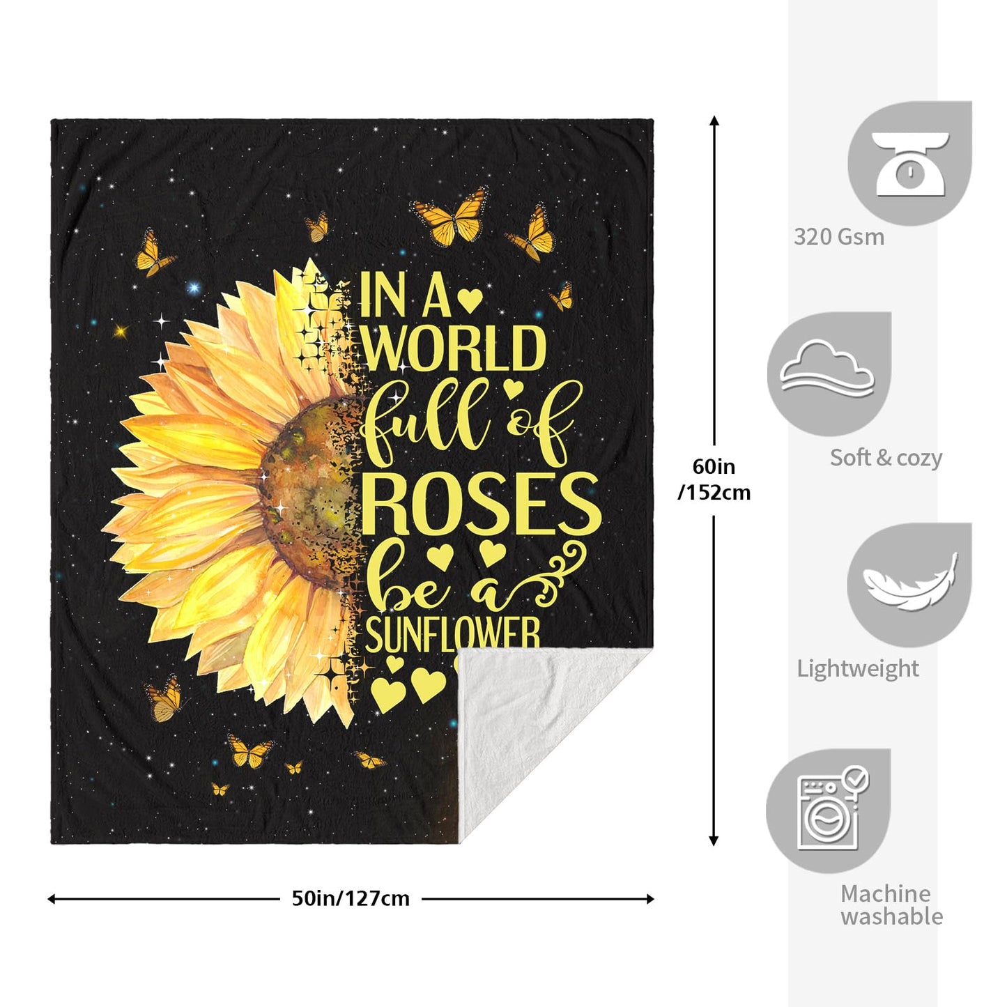 Sunflower Gifts for Women, Birthday Gifts for Sunflower Lovers, Inspirational/Get Well Soon Gift for Women, Sunflowers Gift for Her Throw Blanket 60" x 50", Sunshine Presents for Woman/Girls/Friend