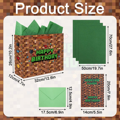 SAVITA Pixel Party Favors Bags, Pixel Theme Goodie Gift Bags Green and Brown Video Game Party Birthday Decorations with Greeting Card & Envelope for Candy Goody Treat Supplies Kids Bday Gifting