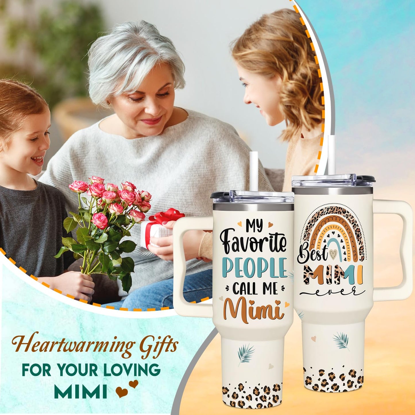Mimi Gifts From Grandchildren - Mothers Day Gifts For Mimi - Christmas Birthday Gift - Gift For Grandma - 40Oz Tumbler With Handle