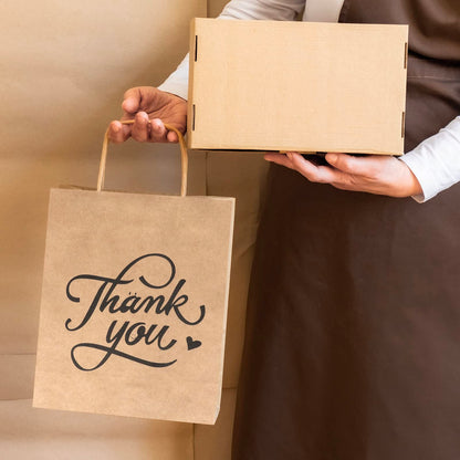 bagmad 100 Pack 8x4.75x10 Inch Medium Brown Paper Gift Bags with Handles Bulk, Thank You Kraft Paper Bags for Party Favors Grocery Retail Shopping Wedding Craft Sacks (Plain Natural, 100pcs Count)