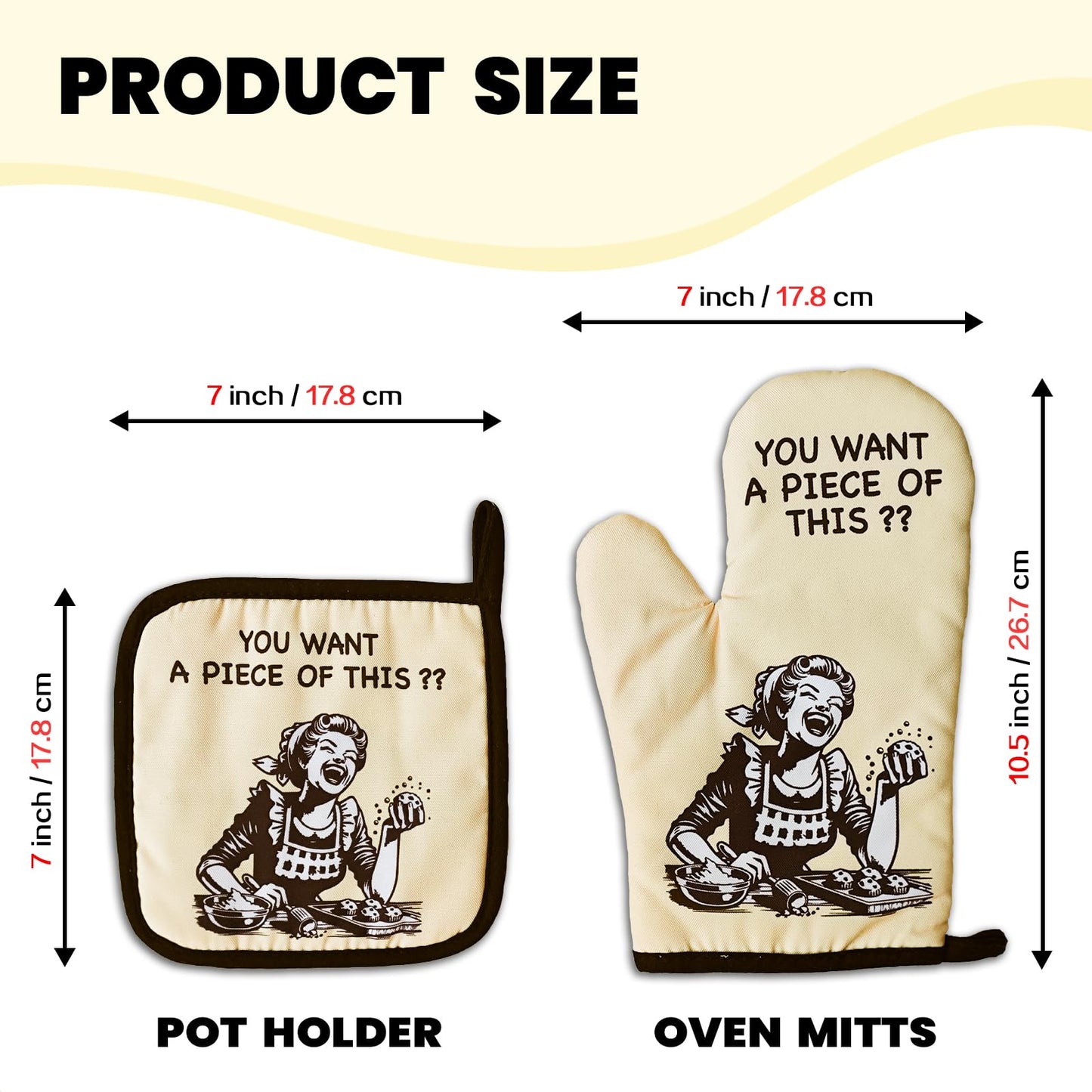Funny Oven Mitts and Pot Holders（Set of 2）You Want A Piece of This Heat Resistant Mitts Retro Housewife Silicone Non-Slip Oven Mitts Novelty Kitchen Baking Gift for Women Hostess Bake Lover