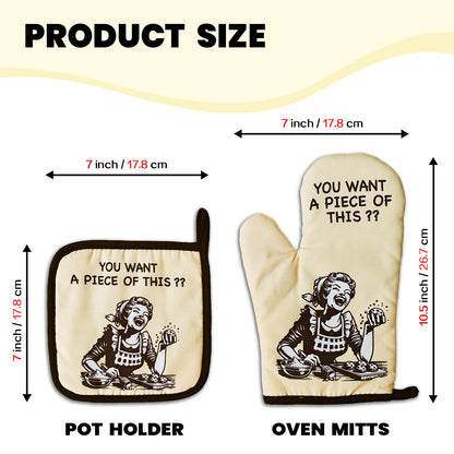 Funny Oven Mitts and Pot Holders（Set of 2）You Want A Piece of This Heat Resistant Mitts Retro Housewife Silicone Non-Slip Oven Mitts Novelty Kitchen Baking Gift for Women Hostess Bake Lover