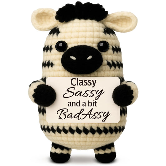 Funny Gifts for Women Men, Birthday Friendship Gift for Coworker, Work Bestie, Boss, Handmade Crochet Zebra, Sassy Badass Sign for Best Friend, Unique Desk Decor