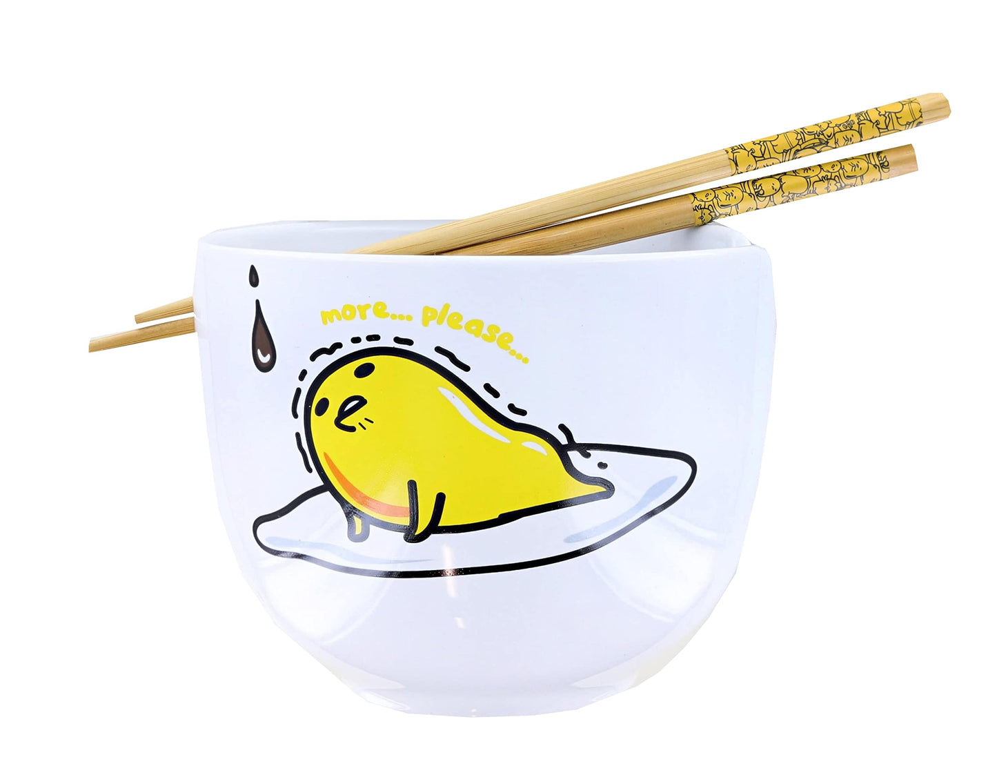 Silver Buffalo Sanrio Gudetama Top Ramen More Please 20oz Ceramic Ramen Bowl with Chopsticks
