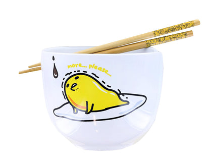 Silver Buffalo Sanrio Gudetama Top Ramen More Please 20oz Ceramic Ramen Bowl with Chopsticks